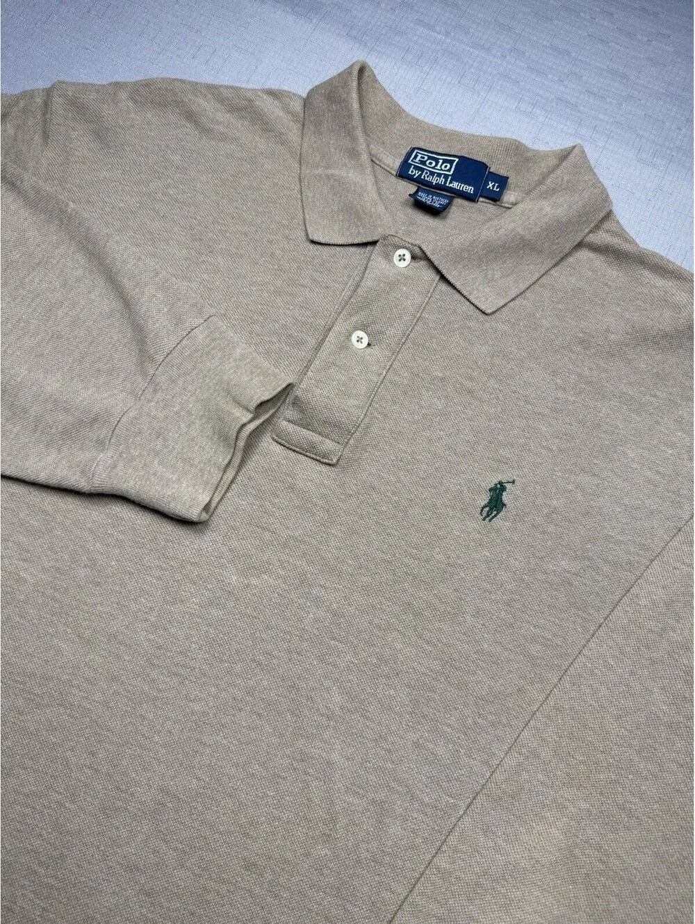 Polo Ralph Lauren Men’s XL Long Sleeve Polo Shirt Beige Green Pony 100% Cotton